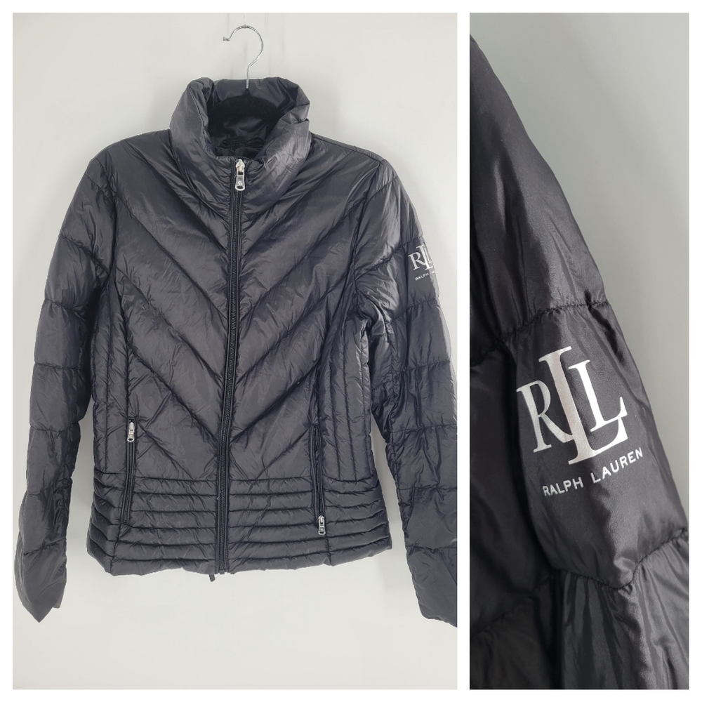 Ralph Lauren RL Lightweight Chevron Down Fill Puffer Jacket Black Women Size S